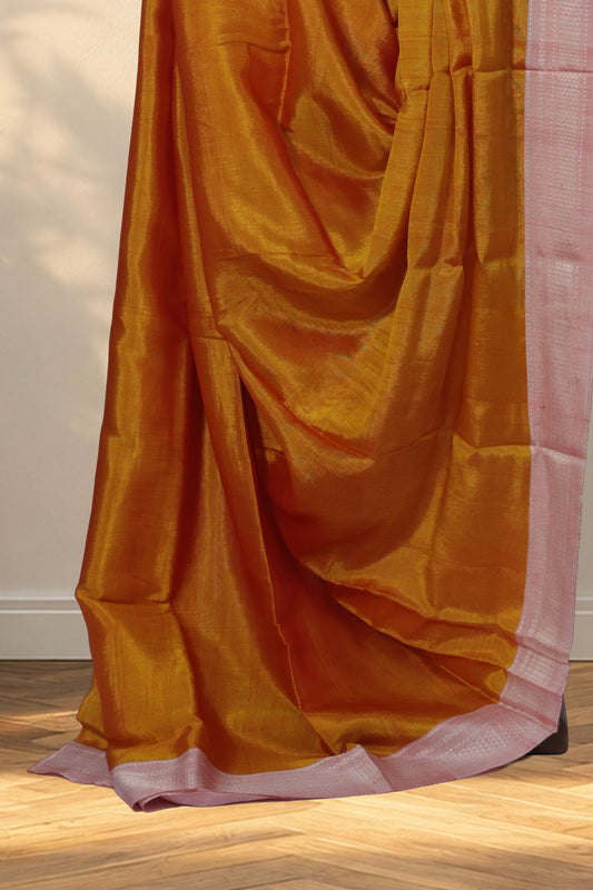 Turmeric yellow viscose cotton Ilkal saree with plain handwoven body