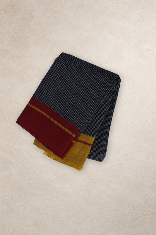 Fine black and white check Patteda Anchu cotton saree