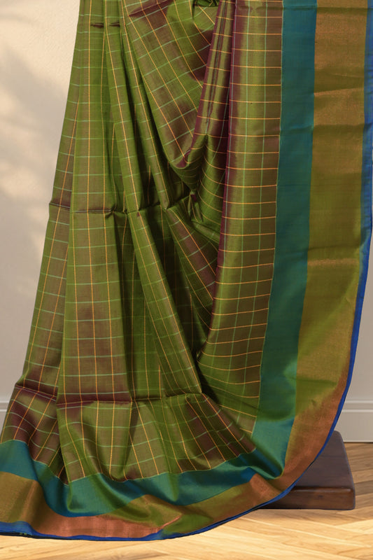 Chutney green Kalakshetra silk saree with checked body