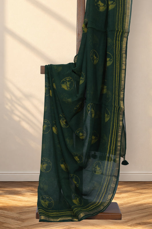 Forest green Dabu saree with circular Pichwai hand block printed motifs