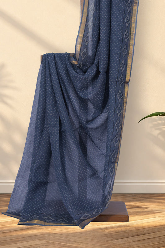 Grey Dabu saree with small white hand block printed dots all over