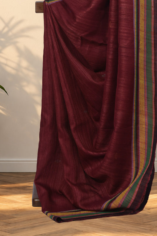 Maroon Bhujodi Tussar silk saree with tiny geometric woven motifs