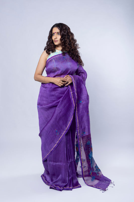 Purple silk linen saree with small needle Jamdani motifs