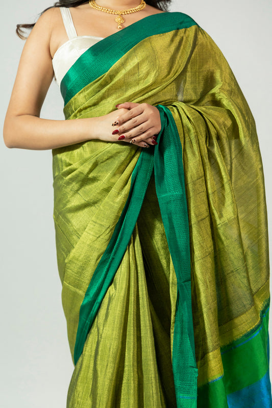 Green handwoven Ilkal saree with contrast border