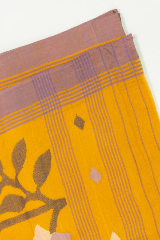 Mustard yellow Jamdani cotton saree with handwoven flower motifs