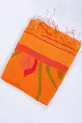 Agun Pakhi orange silk linen saree with Jamdani leaf motifs and peacock pallu