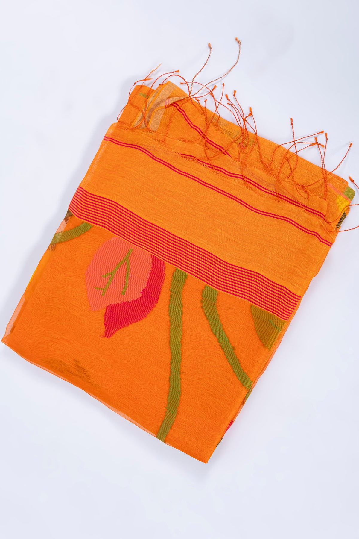 Agun Pakhi orange silk linen saree with Jamdani leaf motifs and peacock pallu