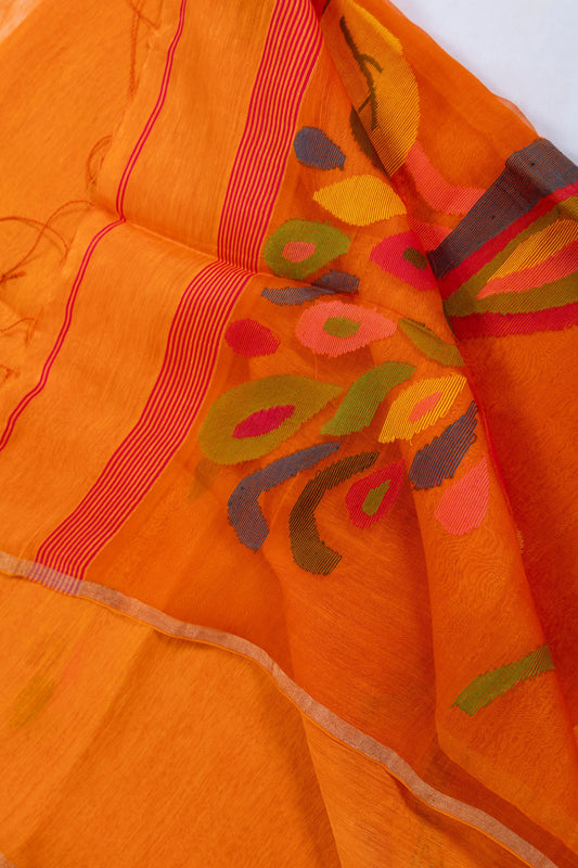 Orange silk linen saree with multicoloured Jamdani leaf motifs