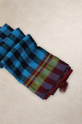 Blue and black checked Ilkal cotton saree with gold zari border