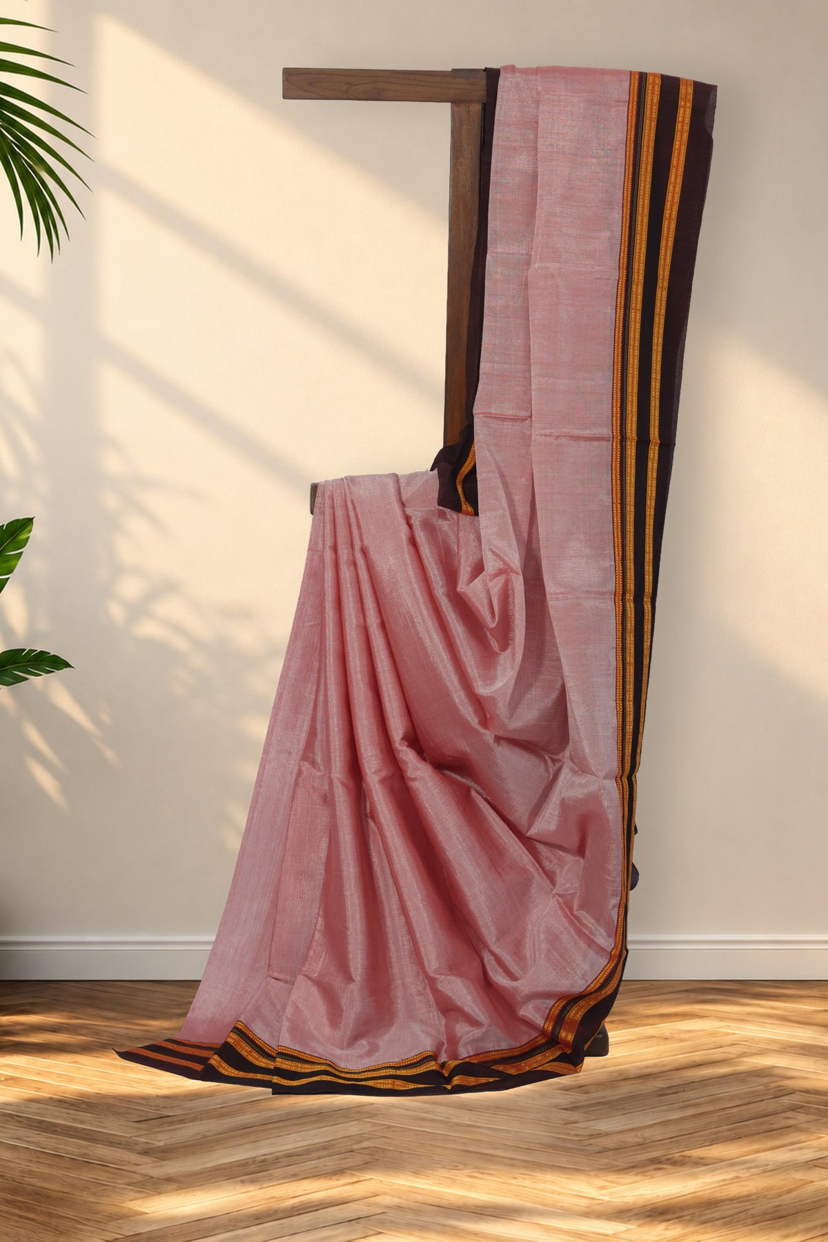 Gulabi Sanje light pink Ilkal cotton saree with wine Gayatri border