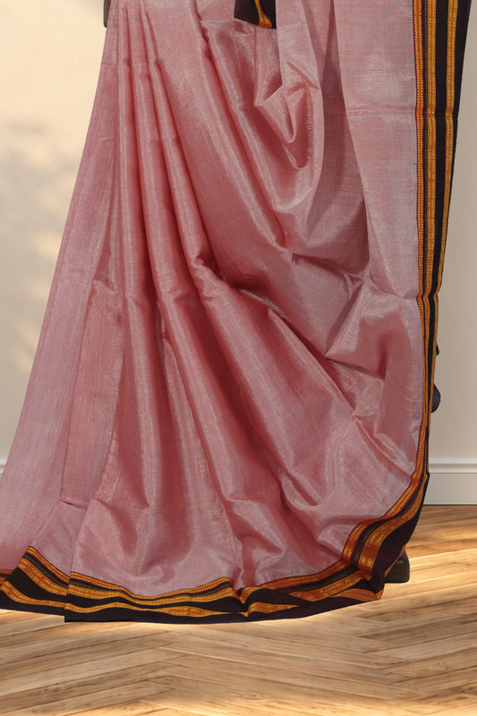 Light pink Ilkal cotton saree with plain handwoven body