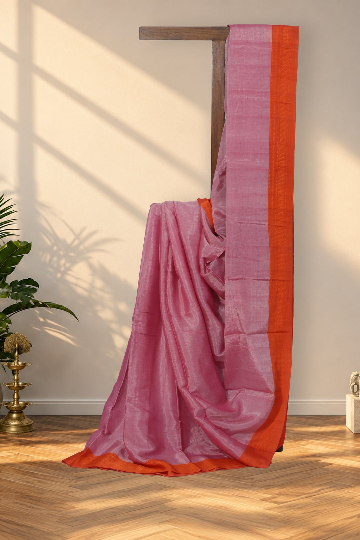Sanje Mugilu pink and orange Ilkal saree with grey and purple silk pallu