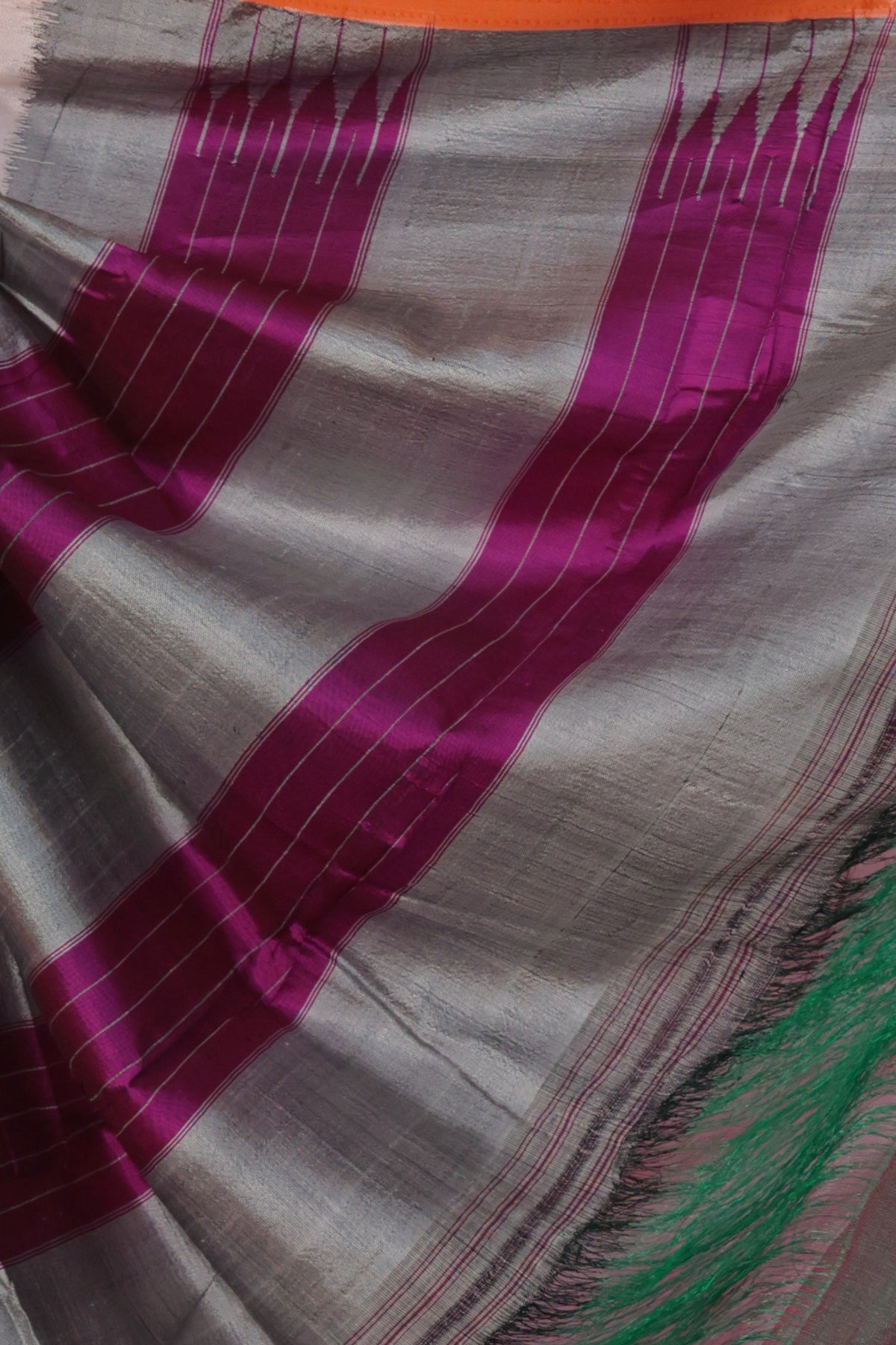 Grey and purple silk Gomi Teni pallu on pink orange Ilkal saree