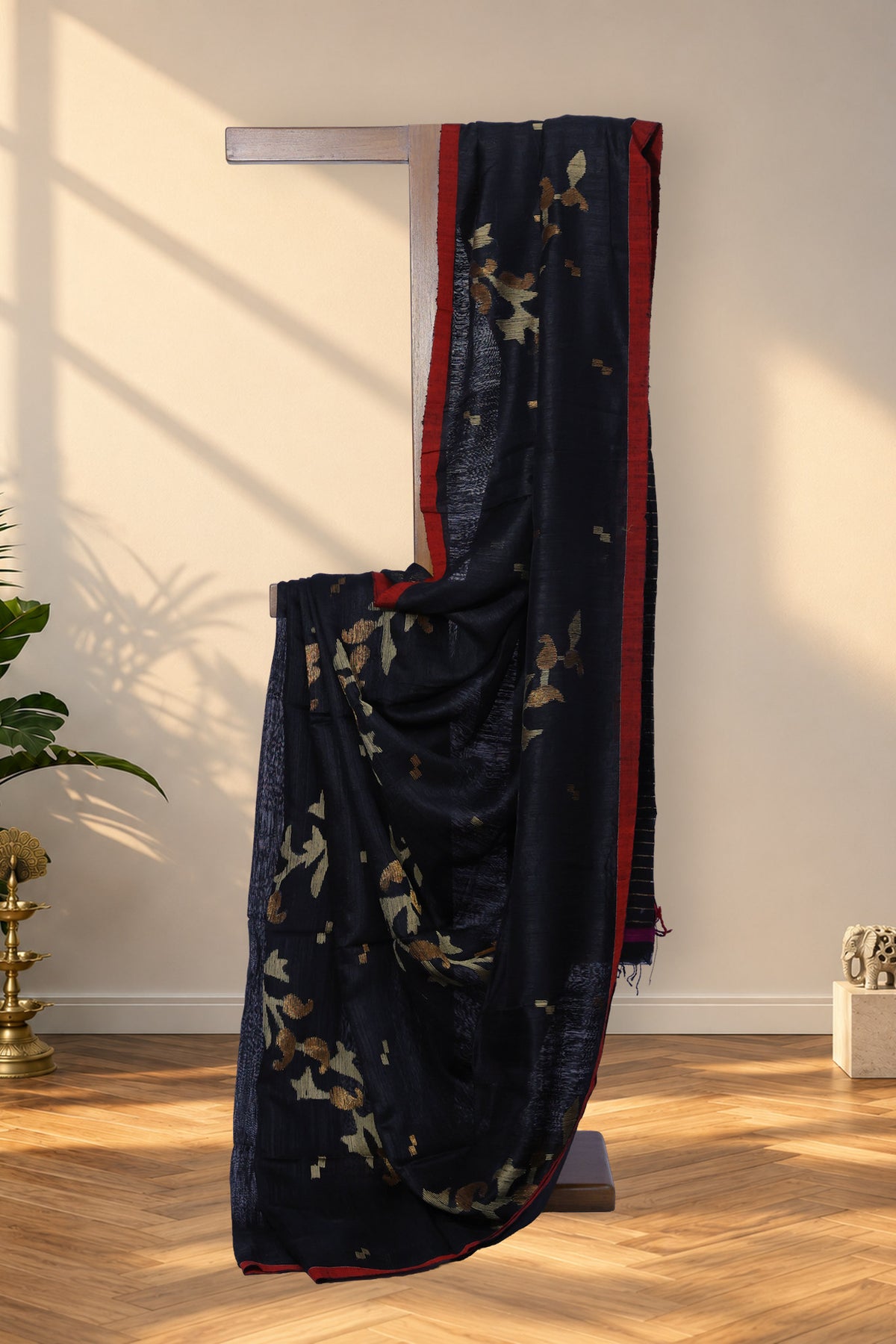 Kalo Heera black Matka silk Jamdani saree with red selvedge