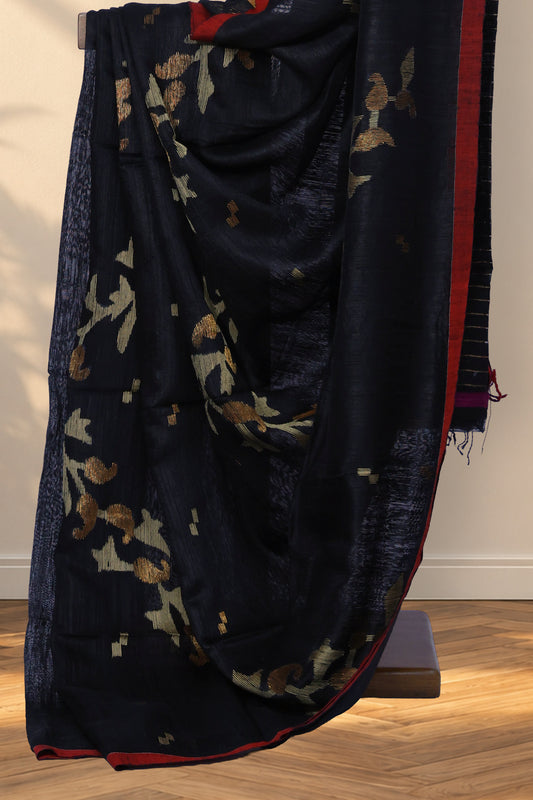 Black Matka silk saree with all-over beige and copper Needle Jamdani motifs