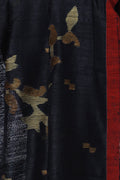 Gold striped pallu of Kalo Heera black Matka silk Jamdani saree