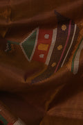 Brown pallu with woven house motif on Matir Bari Kalakshetra saree