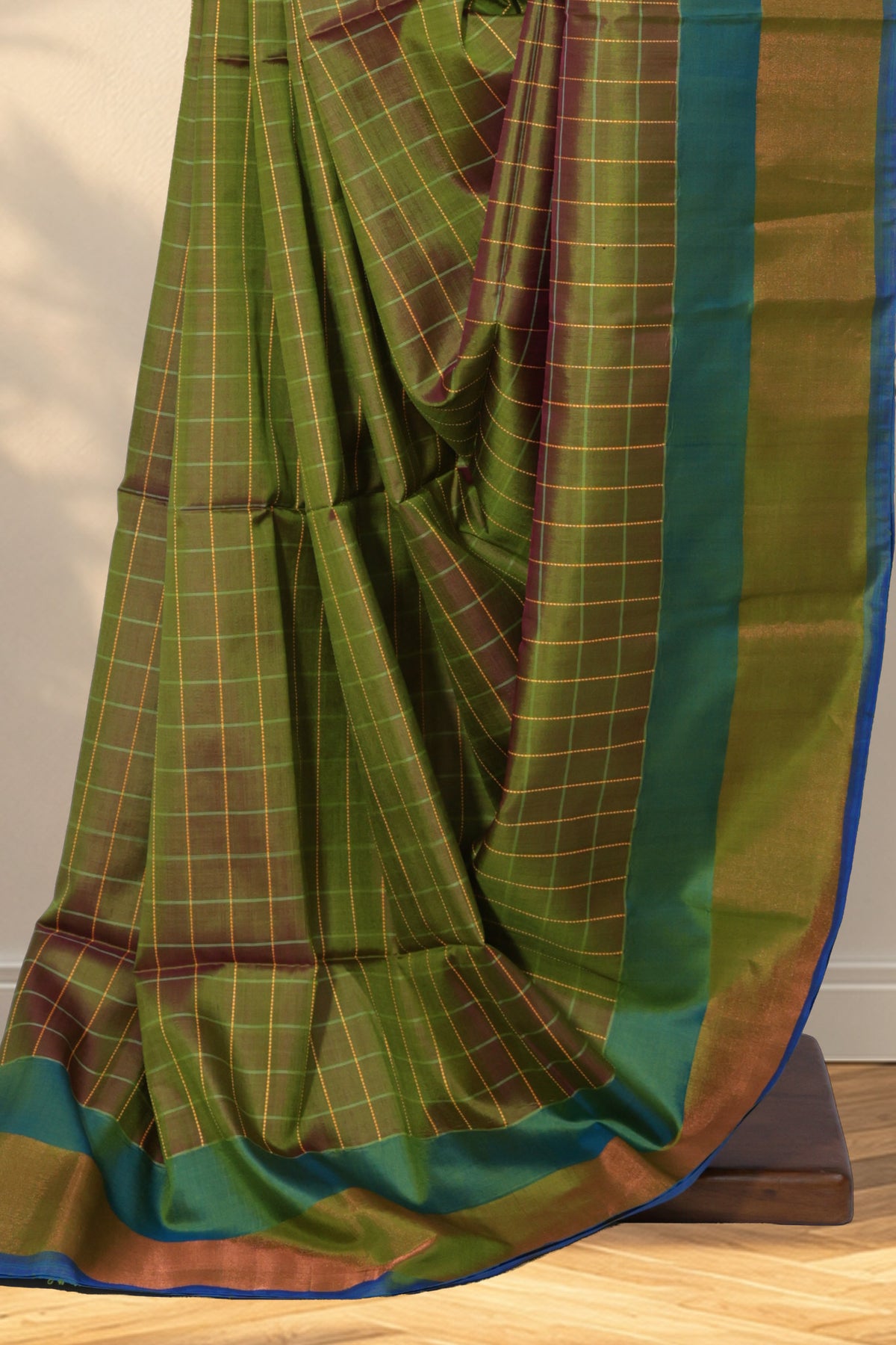 Chutney green Kalakshetra silk saree with checked body