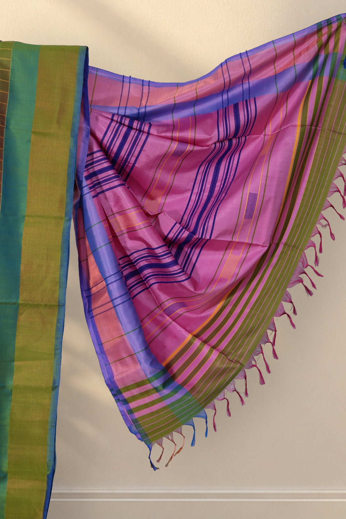 Zari tissue border with thin blue edge on Kancha Aam silk saree