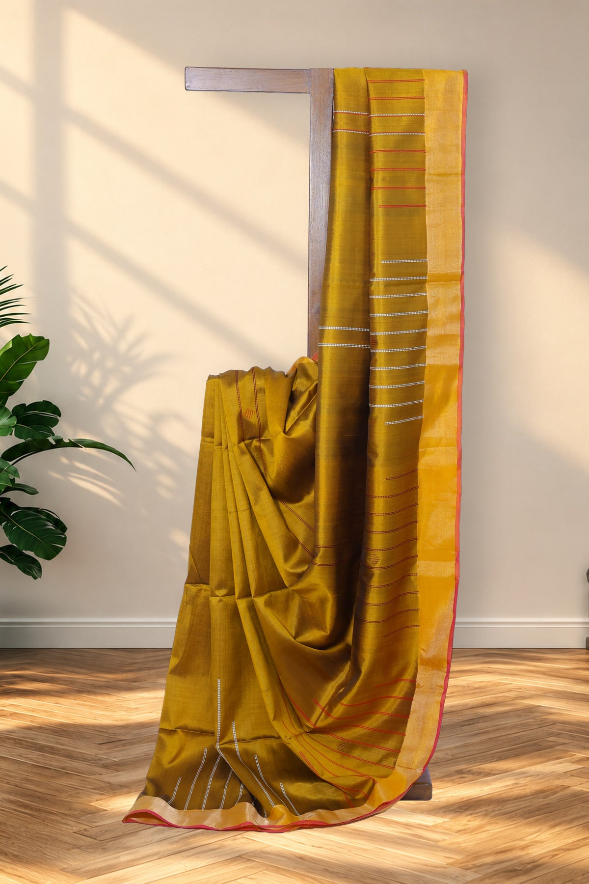 Dhaner Khet mustard yellow Kalakshetra silk saree with bottle green pallu
