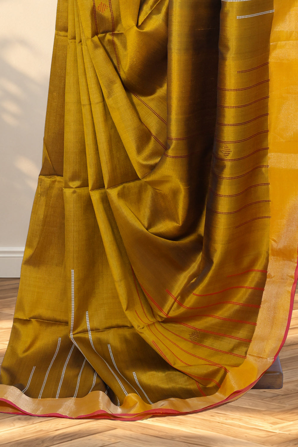 Mustard yellow Kalakshetra silk saree with woven temple lines