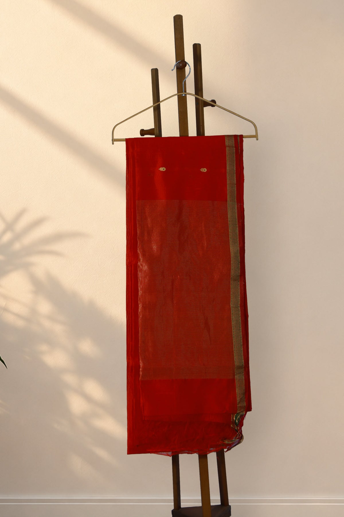 Red Chanderi silk saree with all over Meenakari butis
