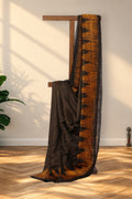 Agun Mati brown Matka silk saree with orange Shibori temple border