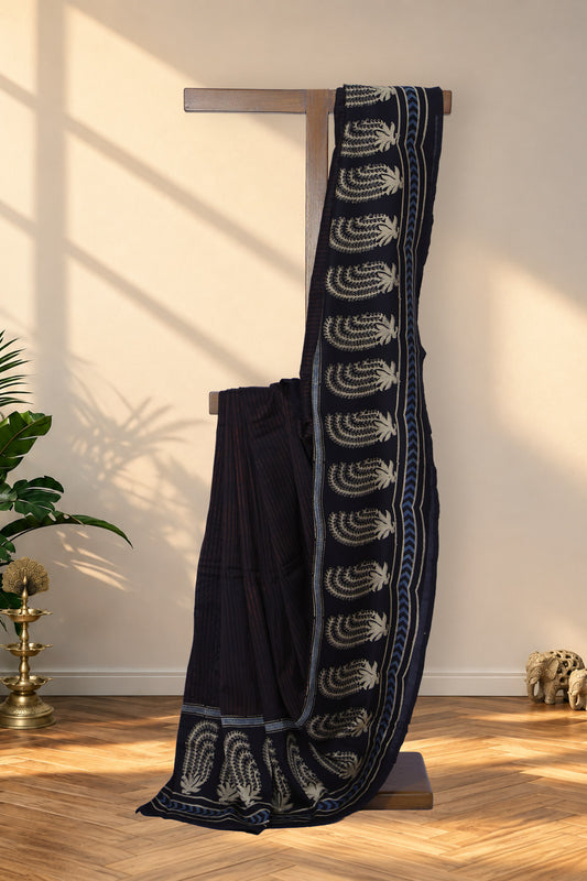Mati Rekha black and brown striped Ajrakh Chanderi saree with off white leaf border