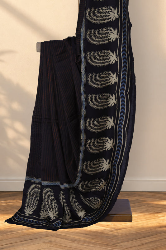 Black and dark brown striped Ajrakh Chanderi saree with asymmetric border
