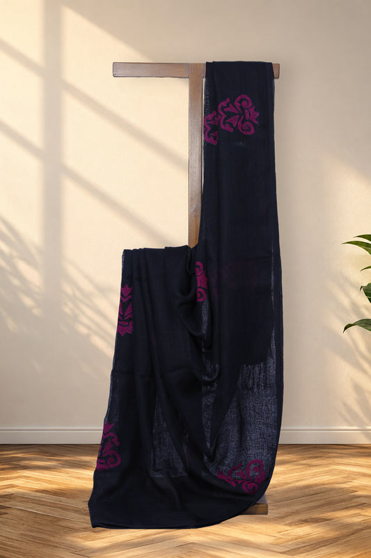 Kalo Gulal black linen saree with fuchsia pink geometric motifs