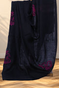 Borderless black handloom linen saree with woven fuchsia geometric motifs
