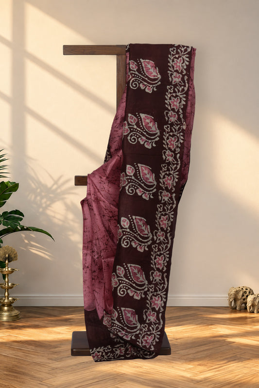 Jaba Bagan pink Batik silk saree with maroon crack work and floral pallu