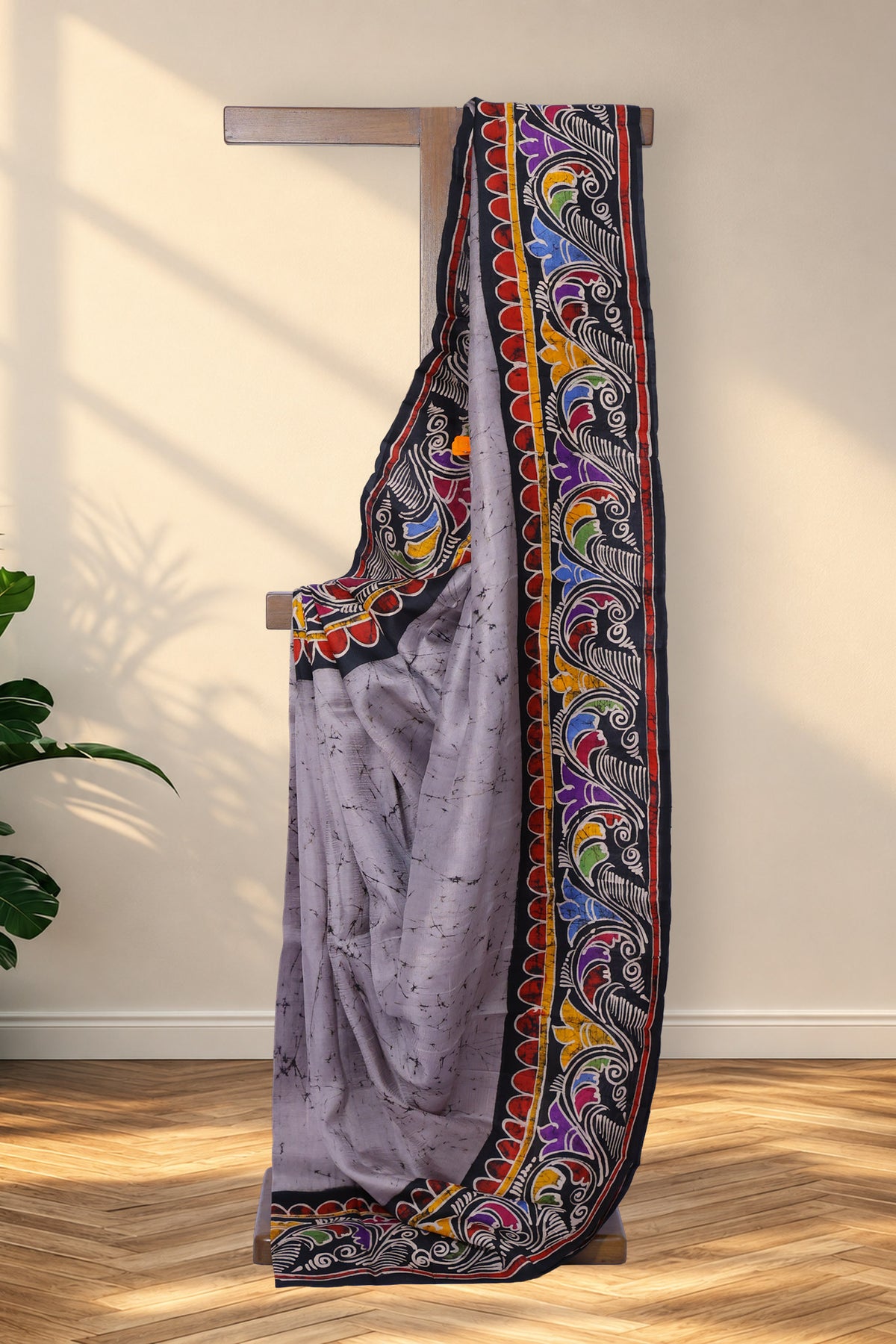 Megh Bela grey Murshidabad silk Batik saree with black crack work