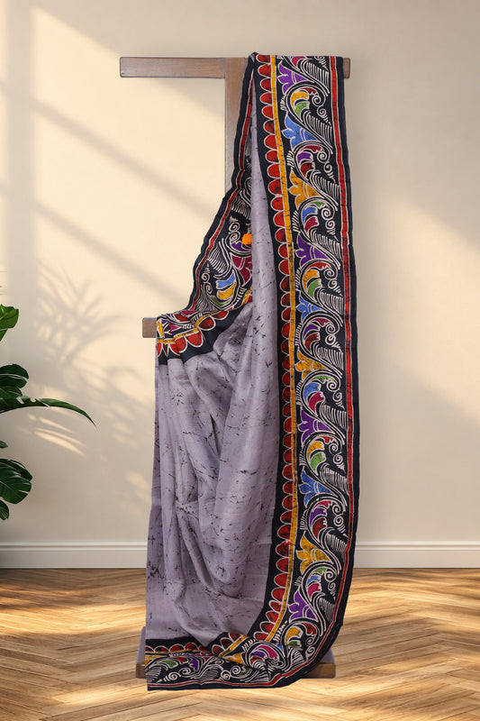 Megh Bela grey Murshidabad silk Batik saree with black crack work