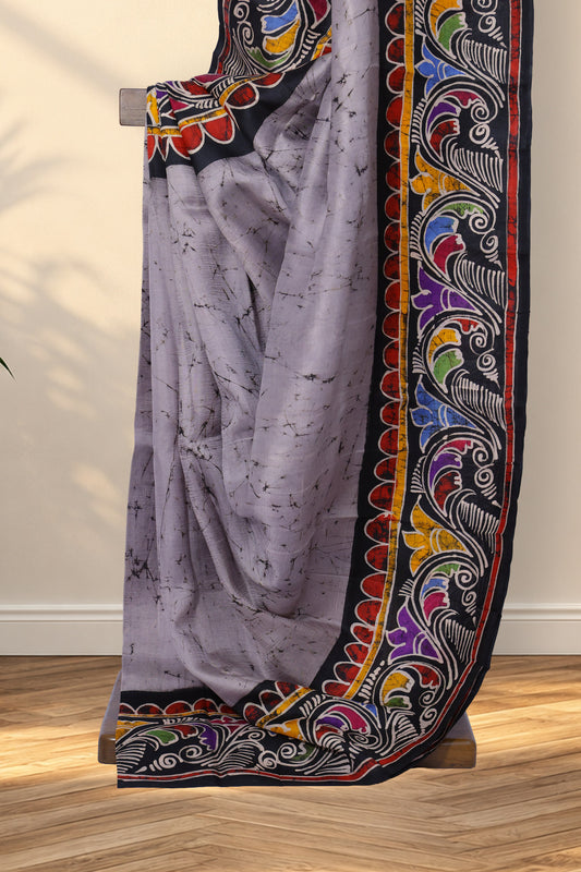 Grey Murshidabad silk saree with black crack Batik across the body