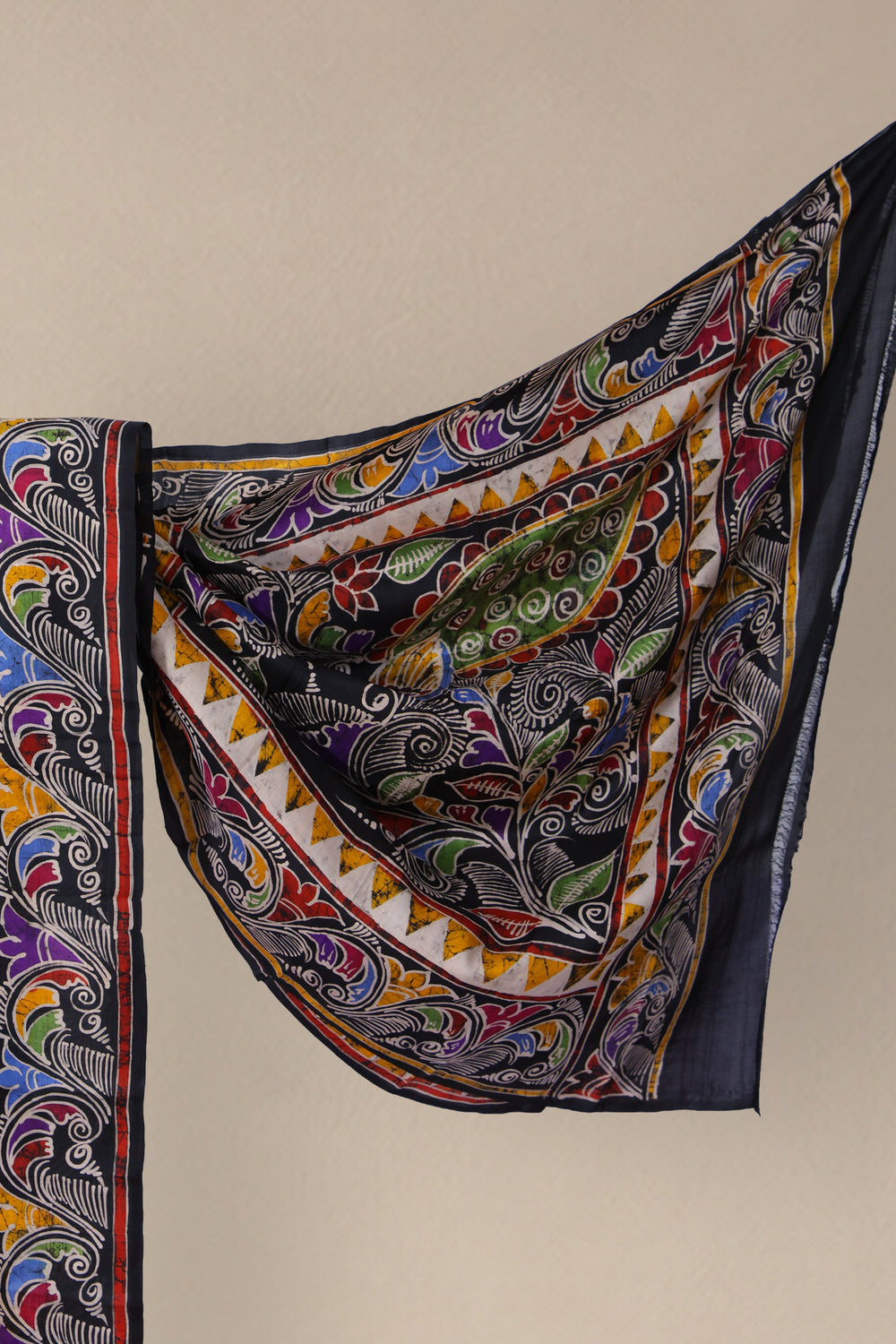 Black multicolour hand painted floral pallu of Megh Bela Batik saree