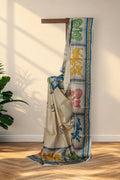 Borno ivory Batik Tussar saree with Bengali lettering and multicolour hand work