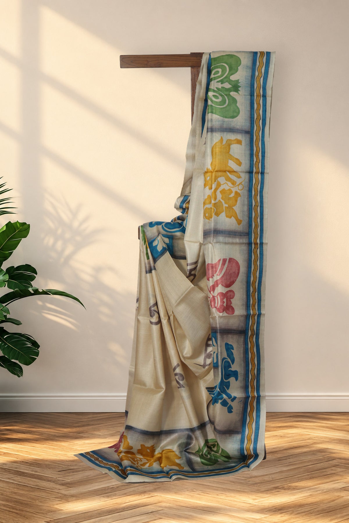 Borno ivory Batik Tussar saree with Bengali lettering and multicolour hand work