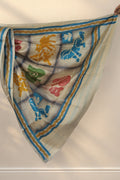 Multicolour hand painted pallu in yellow green and pink on ivory Batik Tussar