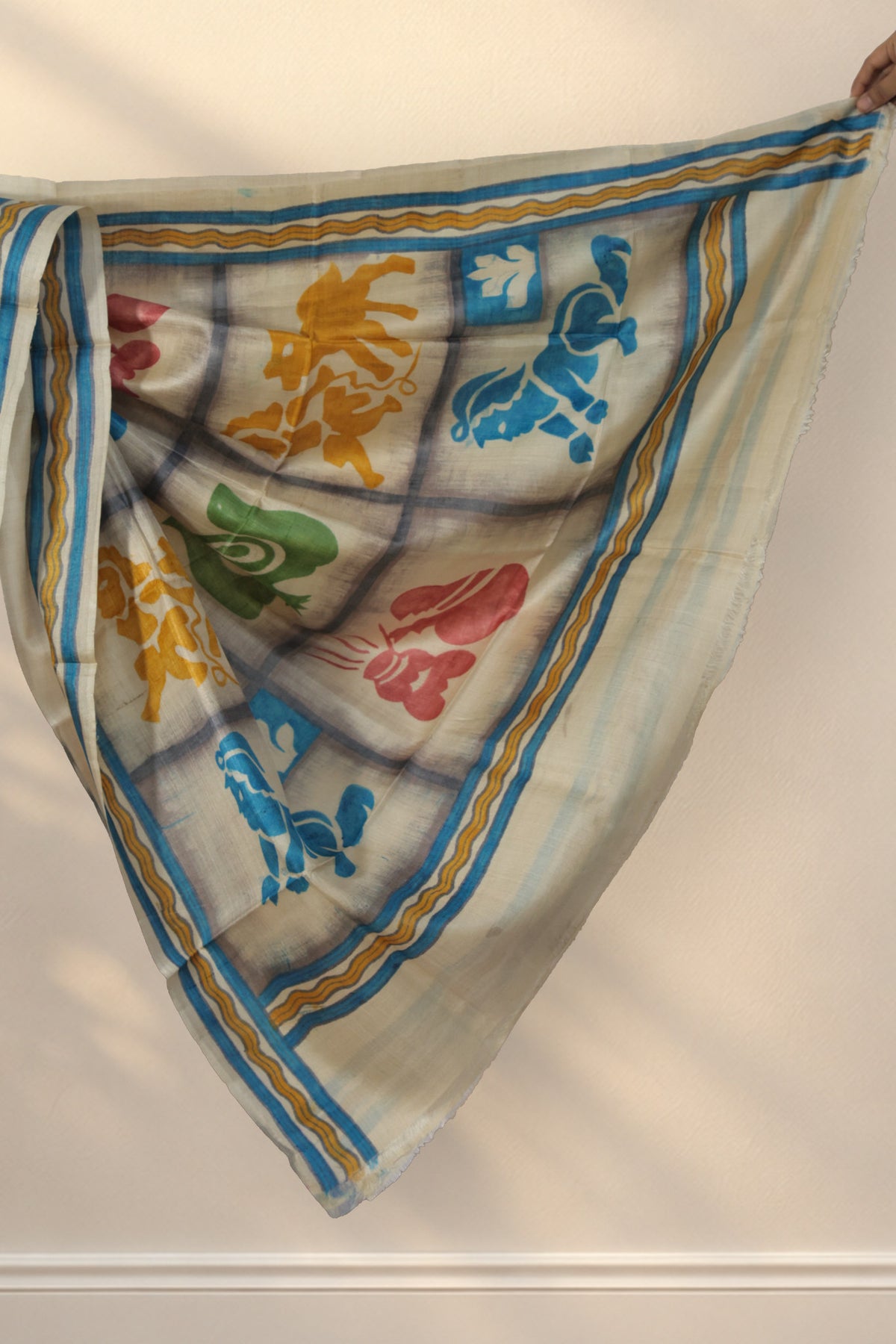Multicolour hand painted pallu in yellow green and pink on ivory Batik Tussar