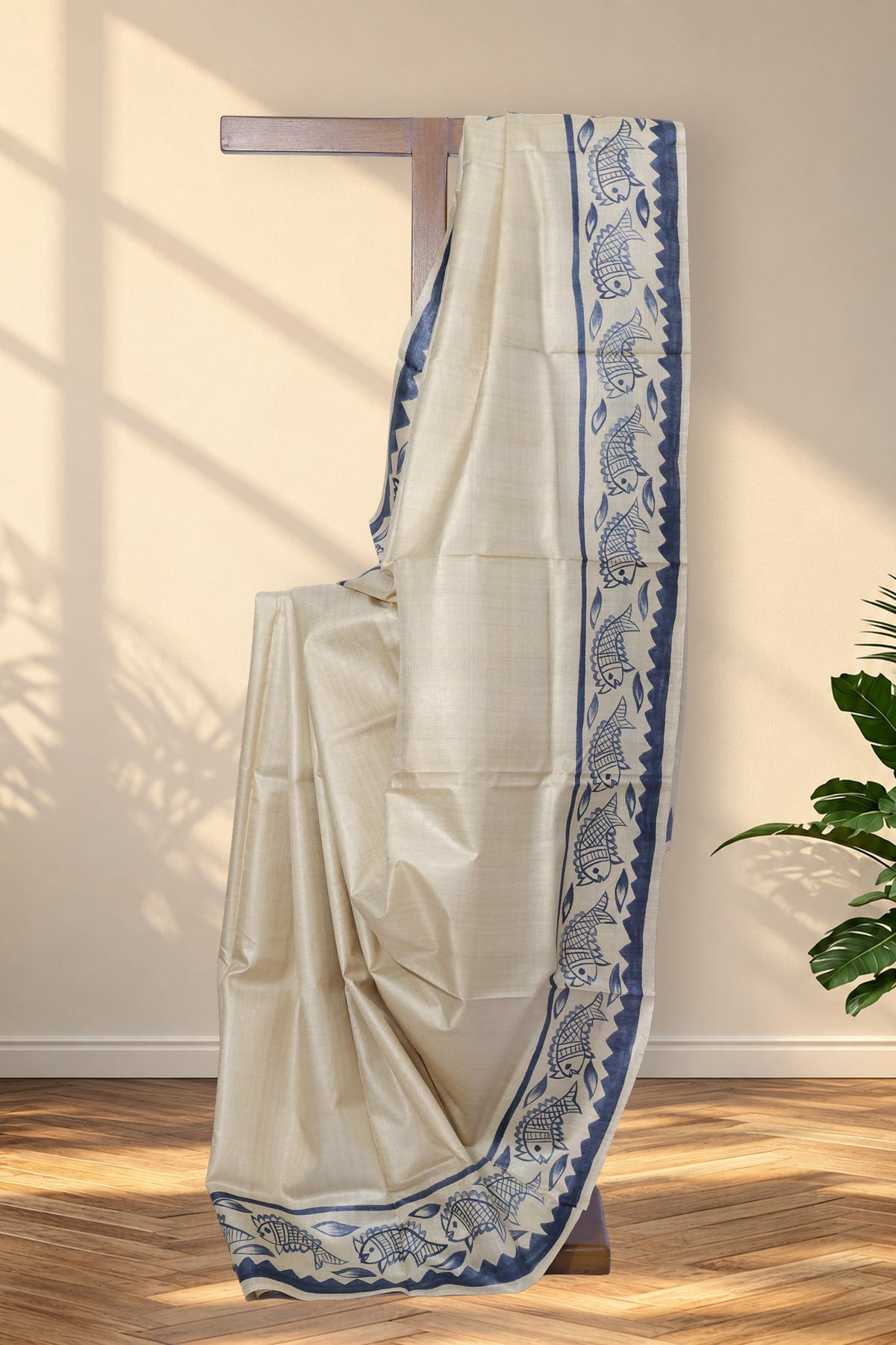 Machh Pata ivory Batik Tussar saree with black fish border