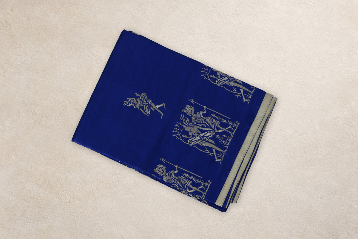 Madal Geet royal blue Kosa Tussar silk saree with ivory Bastar figure motifs