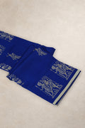 Royal blue Kosa silk saree with ivory drummer and village figure motifs