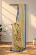 Subarnarekha tissue gold Tussar silk saree with blue and gold striped border