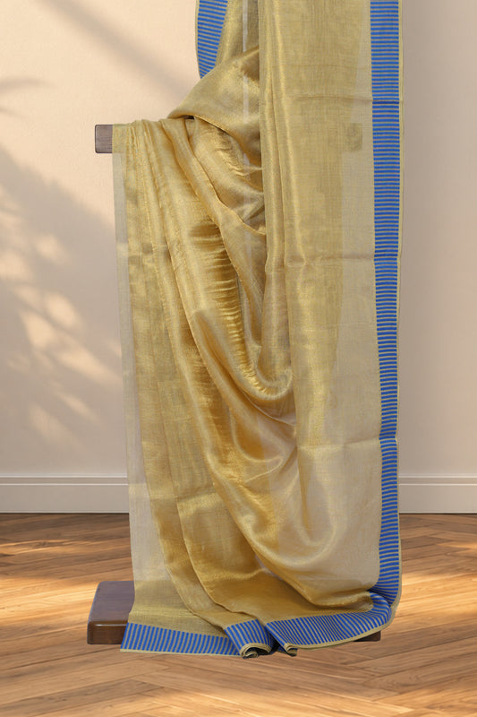 Tissue gold Kosa Tussar silk saree with plain body and blue striped border