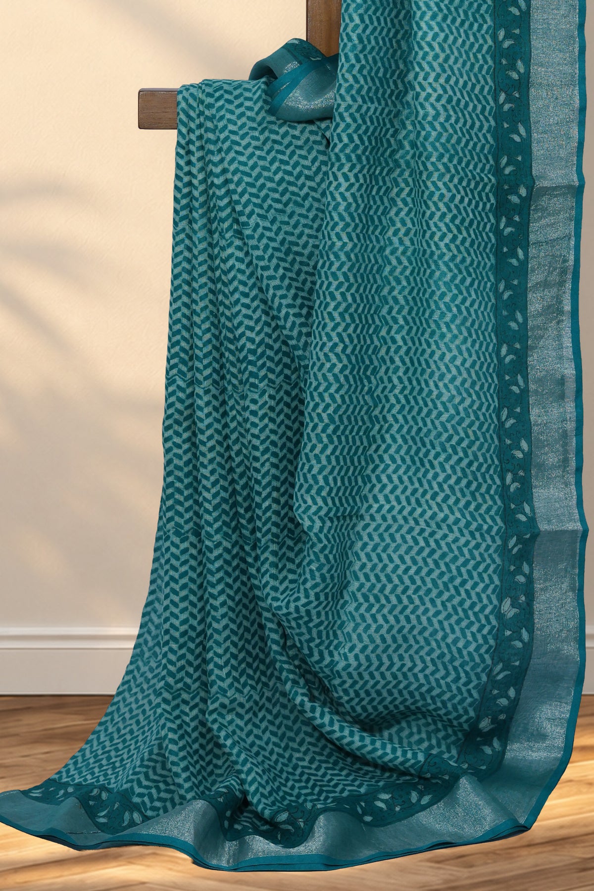 Green Dabu linen saree with small geometric hand block printed pattern