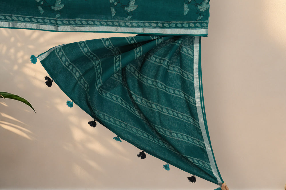 Silver zari and leaf motif border on Hari Chahak green Dabu saree