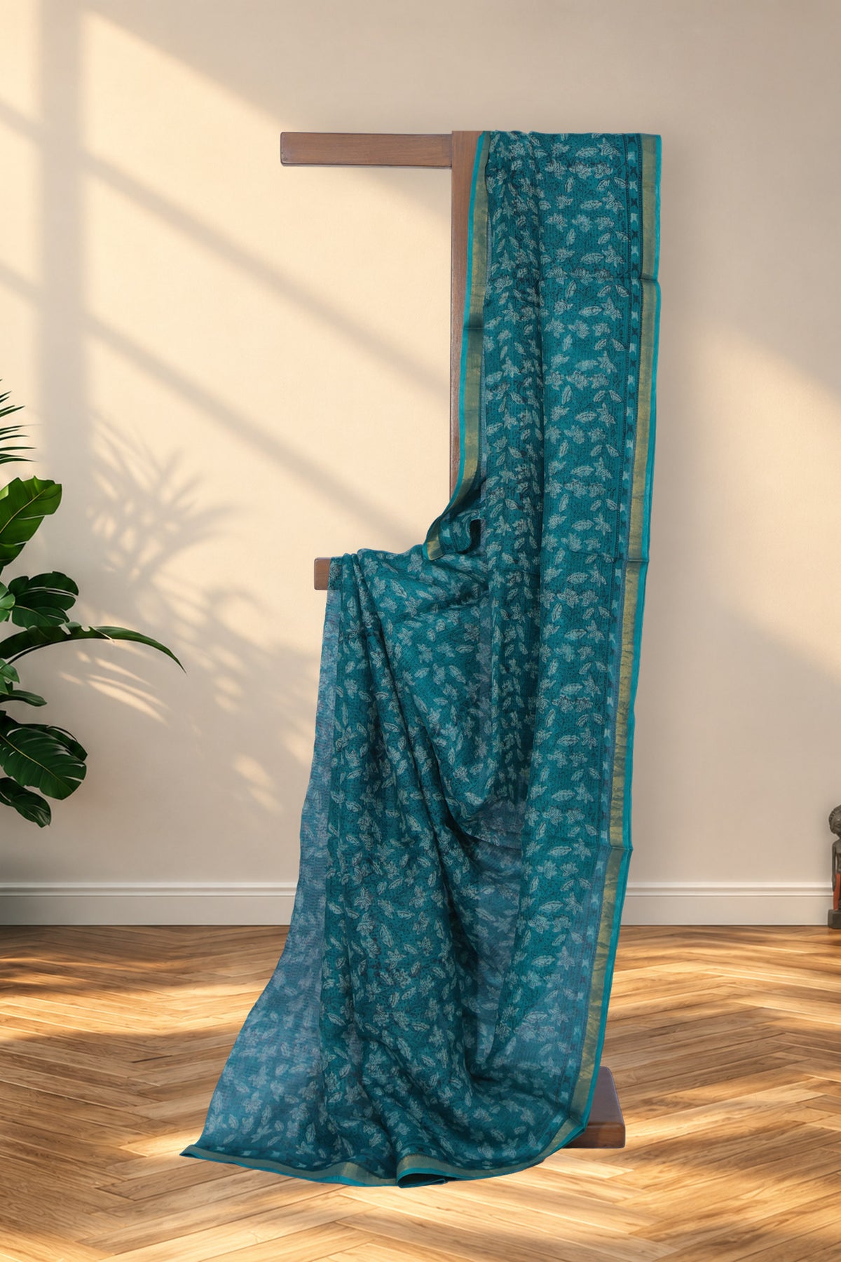 Patti Bel green Dabu Kota silk saree with hand block printed leaf motifs