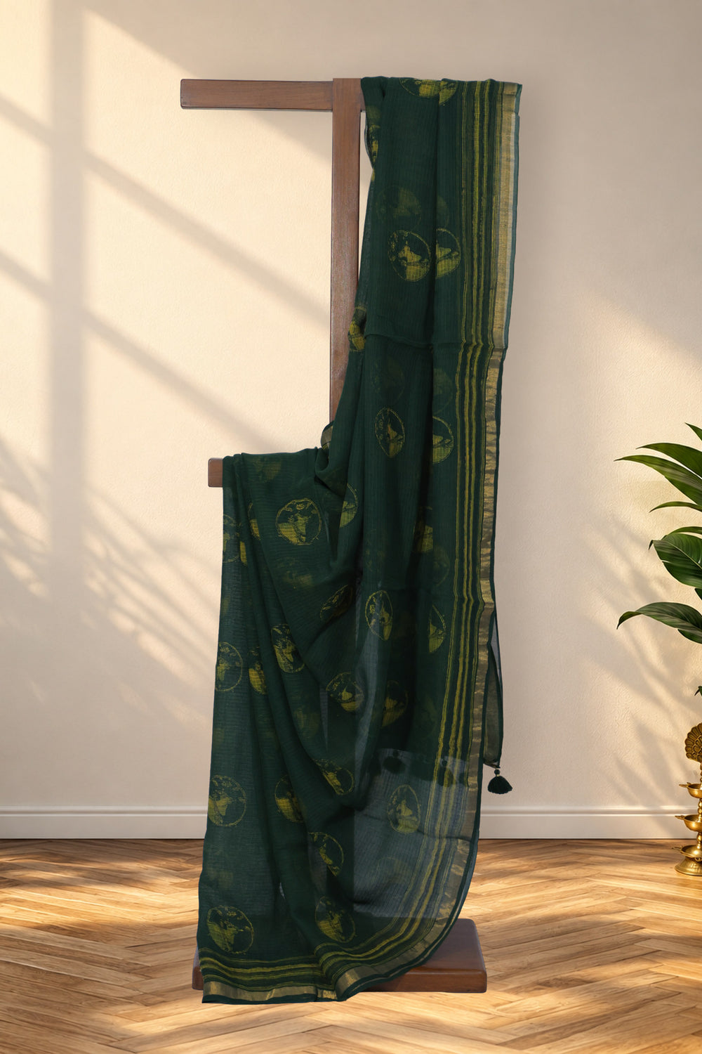 Van Chakra forest green Dabu Kota Doriya saree with circular Pichwai motifs