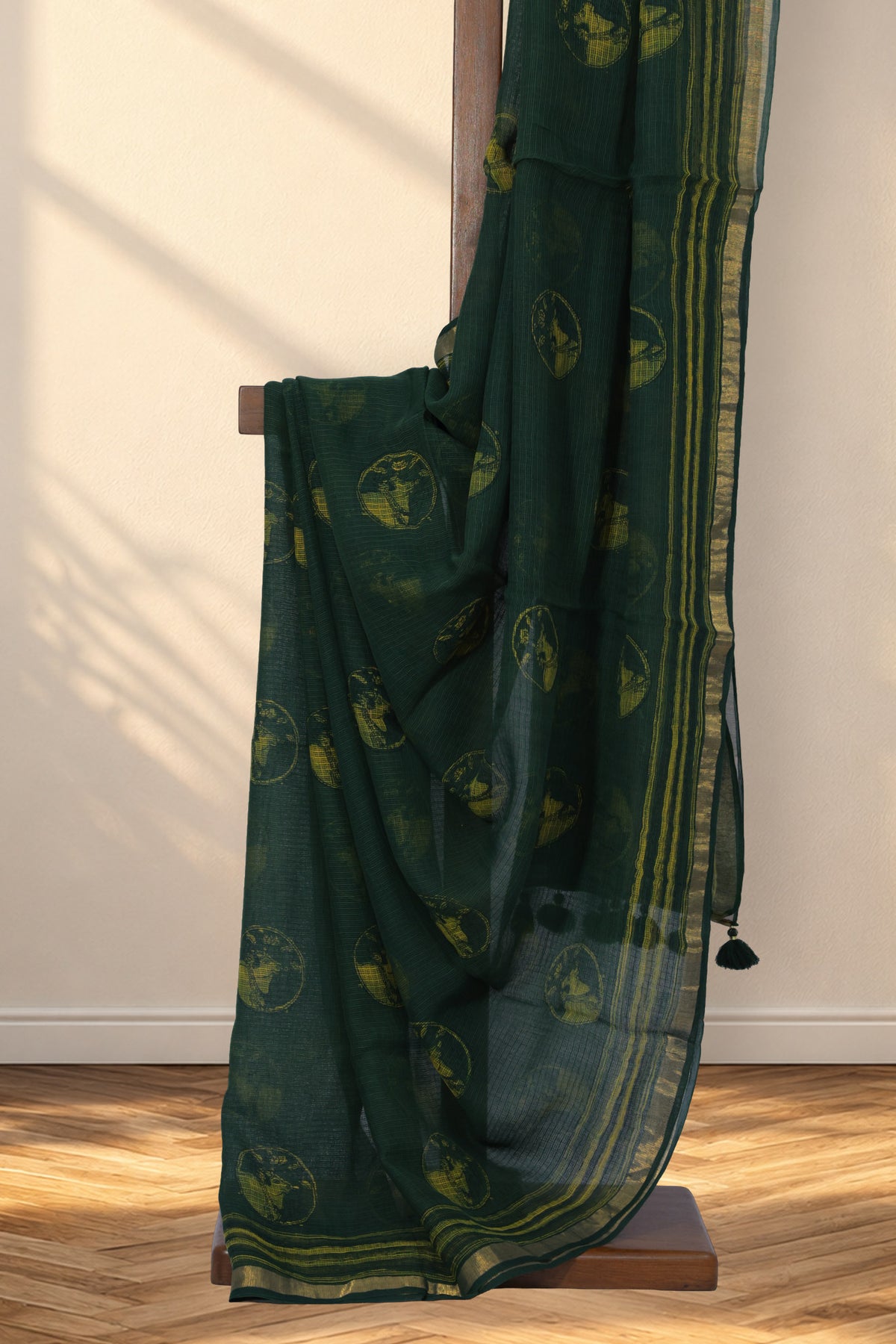 Forest green Dabu saree with circular Pichwai hand block printed motifs